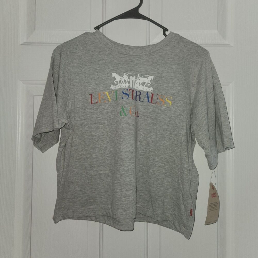 LEVI’S 90s Rainbow Logo Cropped T Shirt Tee Size XL Big Girls Youth Gray